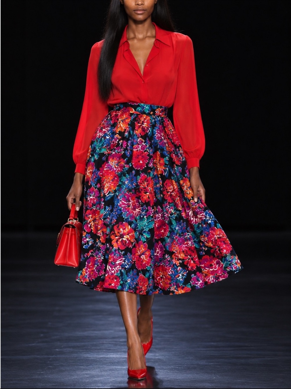 1970’s Saint Laurent Red Floral Full A-Line Midi Skirt Excellent Condition